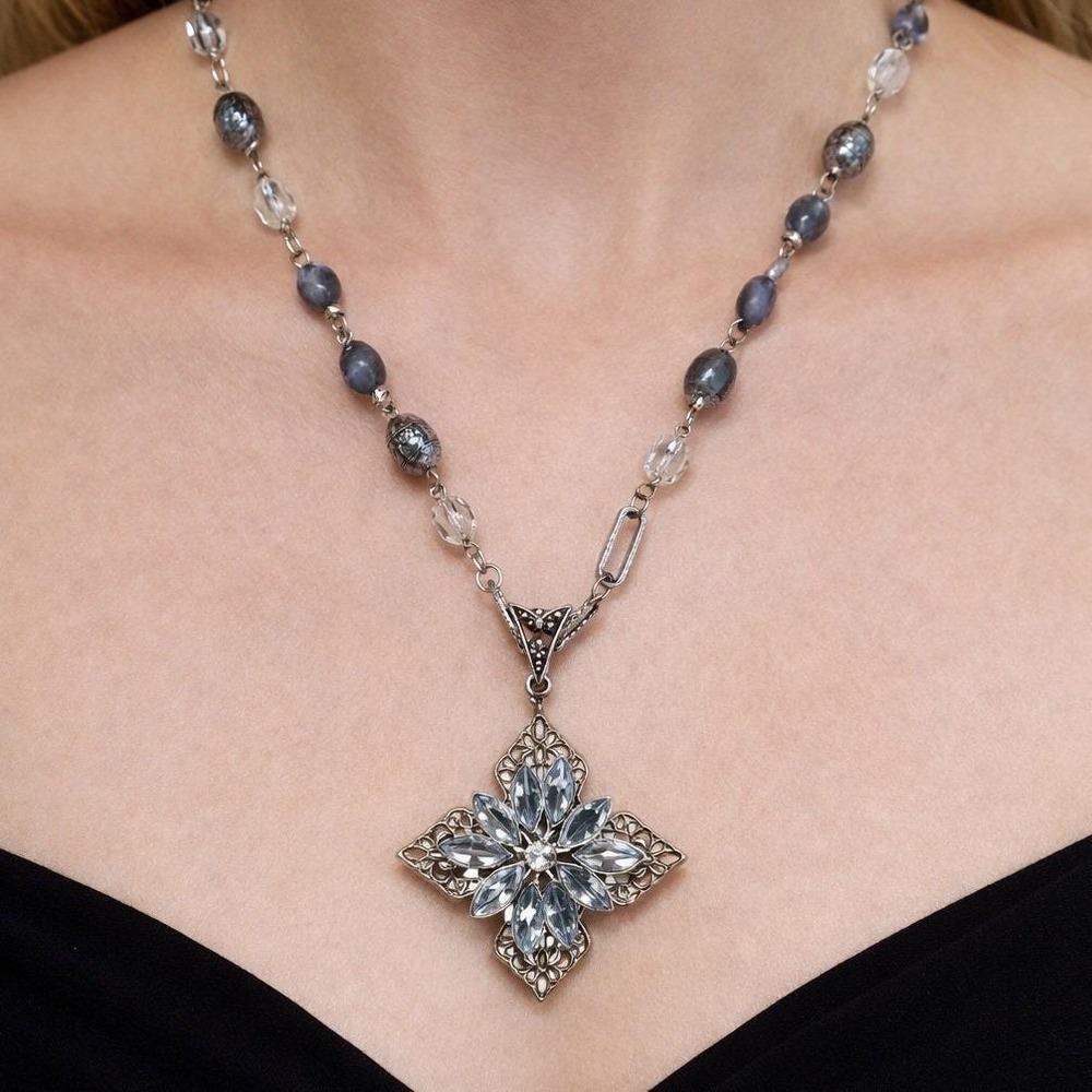 Vintage Silver Tone Crystal Cross Pendant Necklace Beaded Chain
